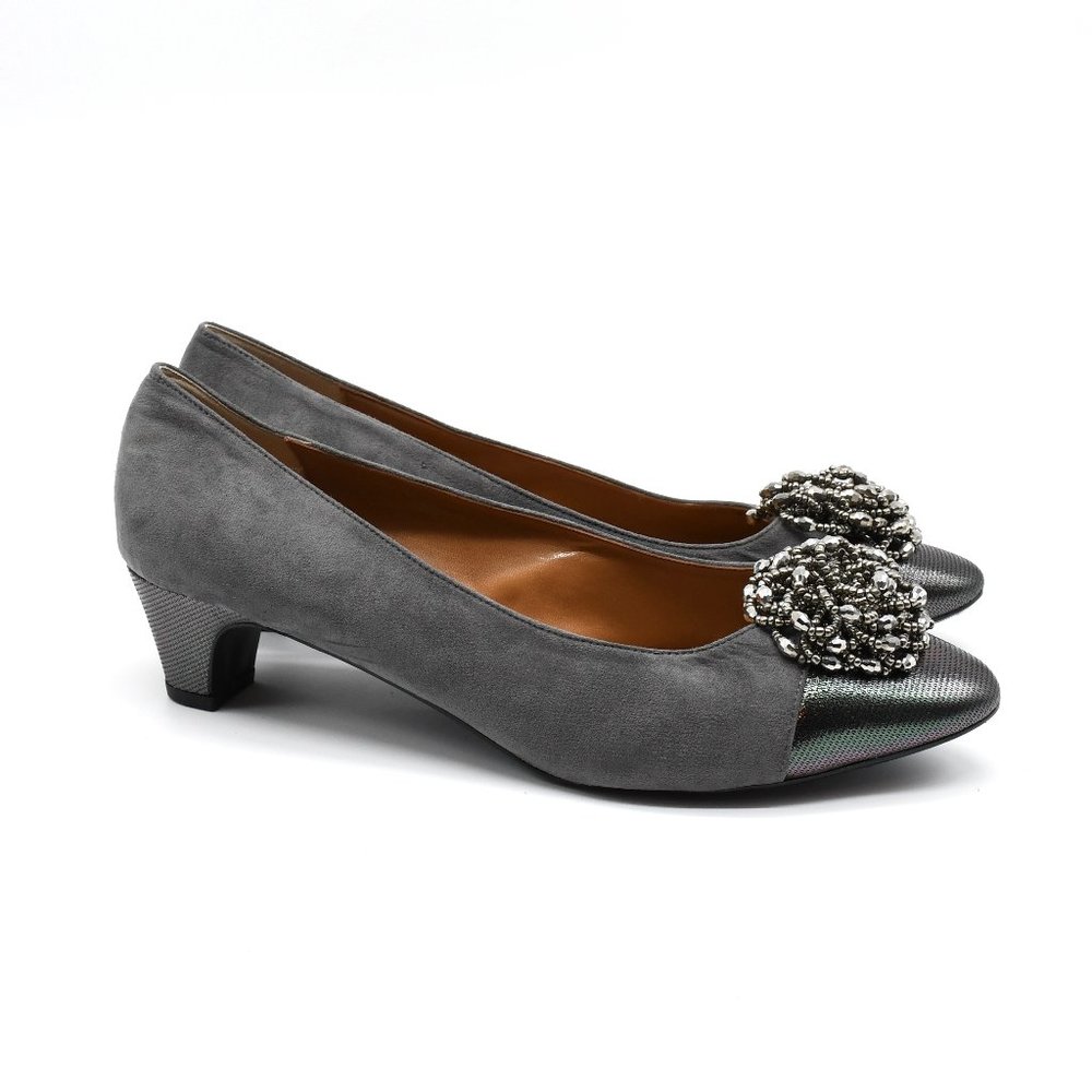 J.Renee Gray Suede Low Heel Pumps with Jeweled Metallic Toe Cap